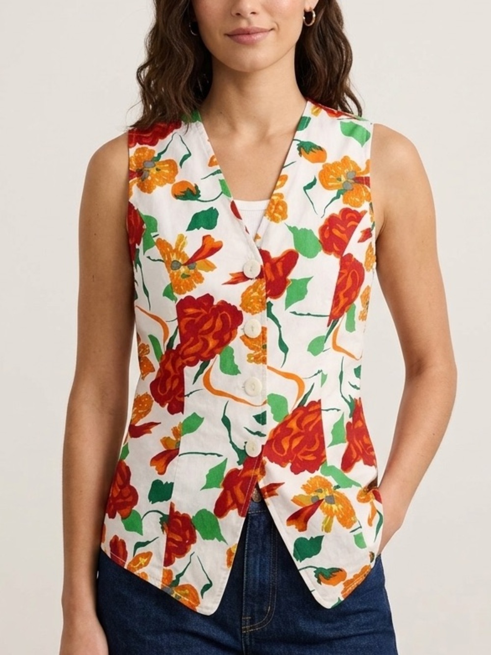 Vintage Two Roads Cotton Floral Button-Front‎ Sleeveless Top Vest Size Medium